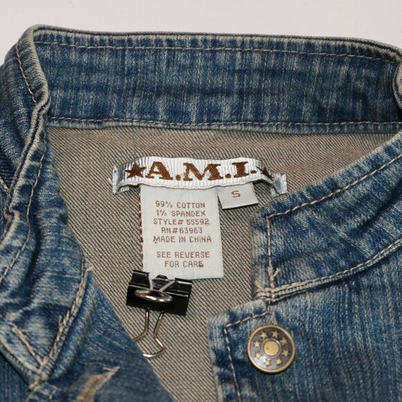 AMI Distressed Denim Trucker Jacket Women Small Blue Vintage Inspired Streetwear - Picture 4 of 6